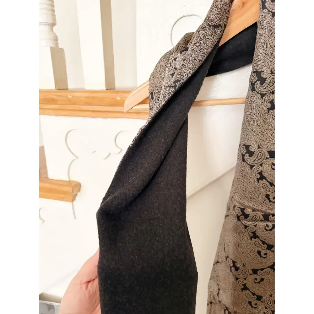 Splendore Reversible Silk Wool Scarf Made Italy Brown Black Paisley Fringe Wrap